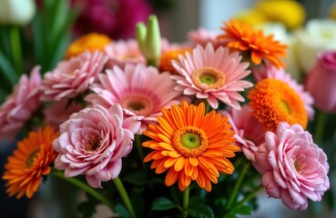 Beautiful bouquet of fresh flowers in florist shop. Vibrant colors of pink, orange gerbera daisies, roses. Fresh flowers displayed in variety. High quality photo for flower shop advertising website.