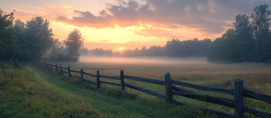 Obraz premium Sunrise foggy field fence nature landscape