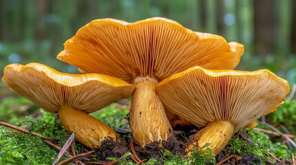 Vibrant yellow mushrooms growing in a lush forest setting, surrounded by green moss and pine needles