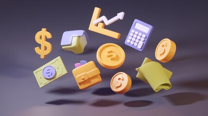 Colorful 3D financial icons floating, including dollar signs, a calculator, and a wallet, representing wealth and investment concepts.
