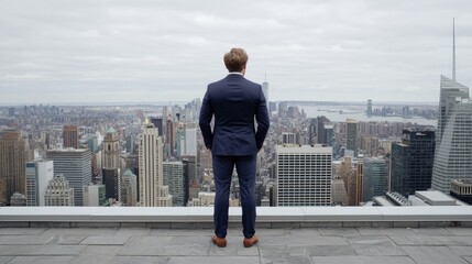 Businessman overlooking cityscape, future prospects, urban background, success imagery