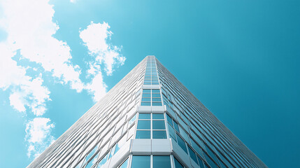 Modern skyscraper viewed from below against a bright blue sky with scattered clouds, showcasing architecture