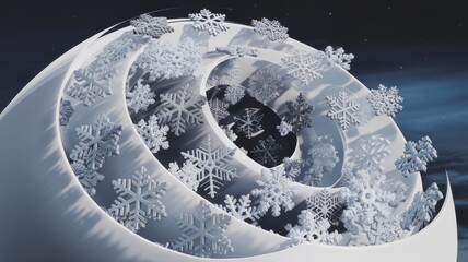 A mesmerizing spiral of white snowflakes, intricately designed against a dark, starry backdrop, creating a winter wonderland effect.