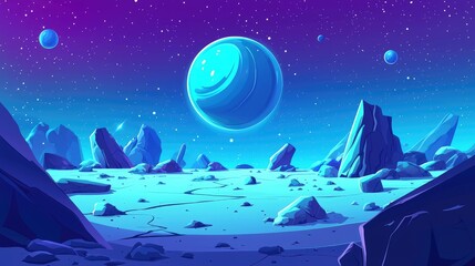 A Blue Planet and Rocky Landscape on an Alien World