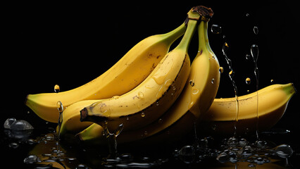 Fresh Yellow Bananas With Water Droplets On Black Background