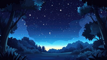 Fototapeta premium Nighttime Forest with a Starry Sky and Silhouetted Trees