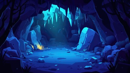 Fototapeta premium A Mystical Blue Grotto with Glowing Icicles and Scattered Rocks