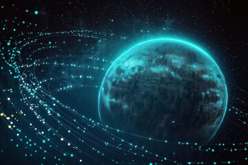Futuristic Digital Globe with Interconnected Hexagons and Cyberpunk Data Visualizations on Starry Background