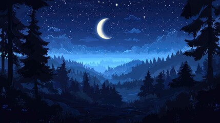 Naklejka premium Nighttime Forest with Crescent Moon and Starry Sky