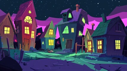 A Row of Haunted Cartoon Houses at Night
