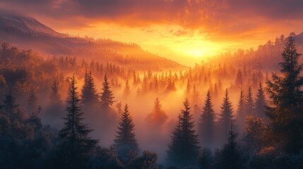 Fototapeta premium Sunrise Mountain Fog Forest Landscape