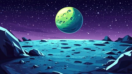 Obraz premium A Green Planet in the Night Sky Above a Cratered Lunar Surface