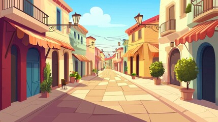 Obraz premium Sunny Day on a Cobblestone Street Lined with Colorful Buildings