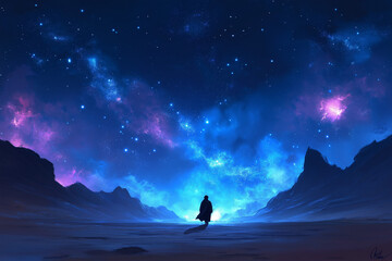 A Star-Filled Sky Above a Lone Traveler Walking Across a Quiet Landscape, Symbolizing Journey and Solitude