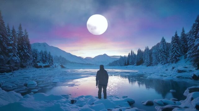 Seamless looping time lapse animation video background. Man standing on frozen lake under bright full moon  
