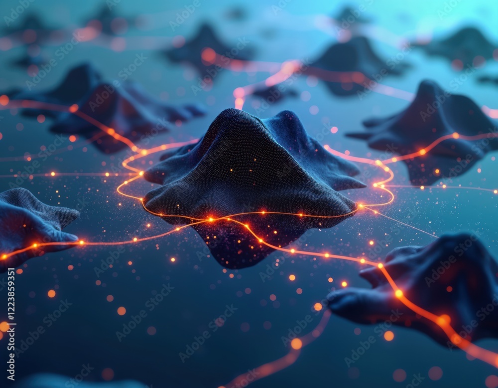 Aufkleber Futuristic island network glows with neon orange lines. Abstract landscape in cyberspace. Island shapes connected by glowing lines. Digital render. Island mountain range looks like digital tech.