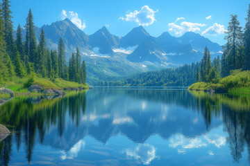 A Serene Mountain Lake Perfectly Reflecting the Tranquil Landscape, Creating a Stunning Natural Scene