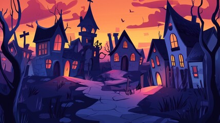 A Path Leading to a Cluster of Haunted Houses at Dusk