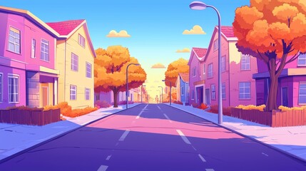 Obraz premium A picturesque street lined with colorful houses and autumn trees