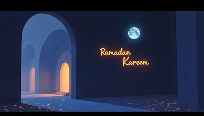 Ramadan Kareem greeting in a moonlit arched hallway