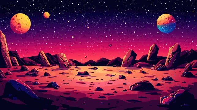 A Colorful, Rocky Landscape with Stars and Planets in the Night Sky