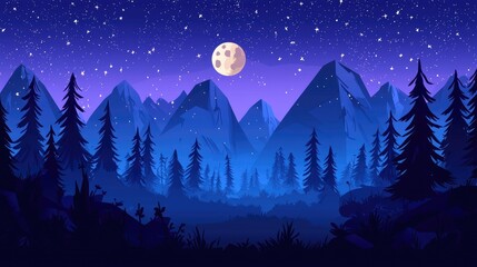 A Nighttime Landscape with Silhouetted Trees and a Full Moon