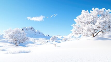 Snowy mountain landscape; birds fly; winter wonderland; perfect for calendar