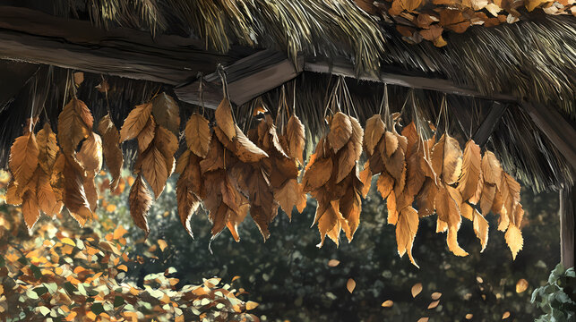 Dried leaves hanging under thatch roof, a rustic harvest display of autumnal hues. Amber Grove. Illustration