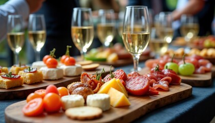 Elegant buffet setup at reception. Various canapes displayed on wooden boards. Guests enjoy selection of cheese, cured meats, fruit. Wine glasses, champagne flutes available. People socialize in