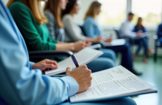 People seated in waiting area complete forms. Focused on paperwork. Blurred background shows patients. Indoor setting, likely hospital clinic. Casual attire. Hands holding pens, clipboards. Medical