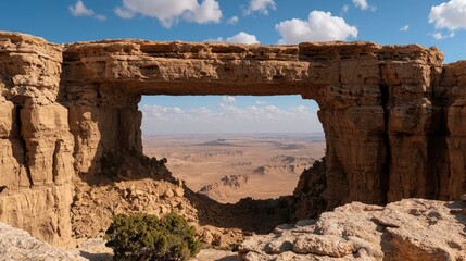Desert archway vista, expansive landscape view, travel destination