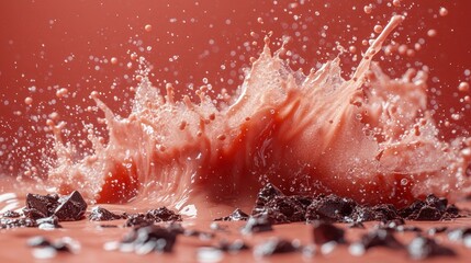 Chocolate splash, cocoa pieces, red backdrop, drink ad