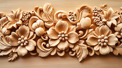Intricate floral wood carving, close-up detail, light wood background, decorative panel