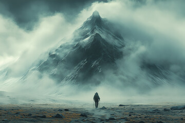 A Lone Adventurer Trekking Across a Barren Mountain, Pushing Boundaries and Conquering Nature’s Challenges