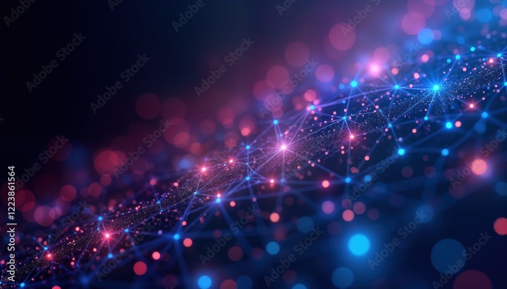 Leinwandbilder Abstract tech background shows glowing blue, purple dots connected by lines. Futuristic network pattern. Complex interconnected system. Modern design. High tech. Cyberpunk style. Innovative tech.