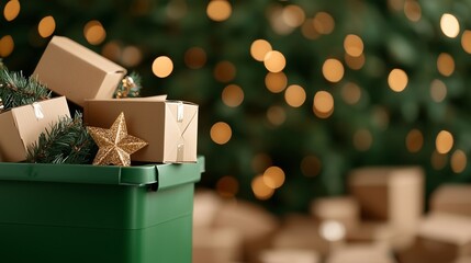 Green trash bin overflowing with cardboard boxes, set against a blurred holiday background with festive bokeh lights.