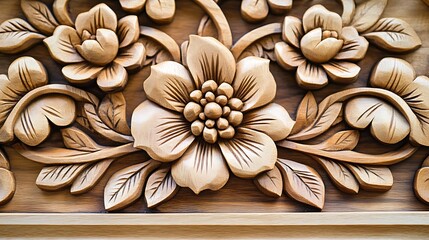 Intricate wood carving floral design, detailed craftsmanship, close-up, background texture