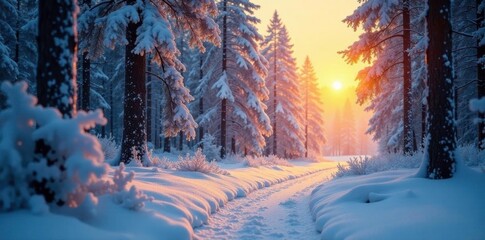 Snowy forest landscape with a glowing golden bell in the distance, bell, frost, forest