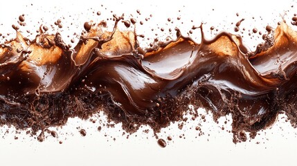 Fototapeta premium Chocolate splash wave, white background, food, advertising