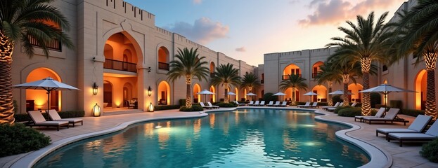 Luxury resort hotel pool area at sunset. Arabian architecture style. Relaxing atmosphere with palm trees. Comfortable chaise lounges around swimming pool. Elegant design. Perfect for vacation