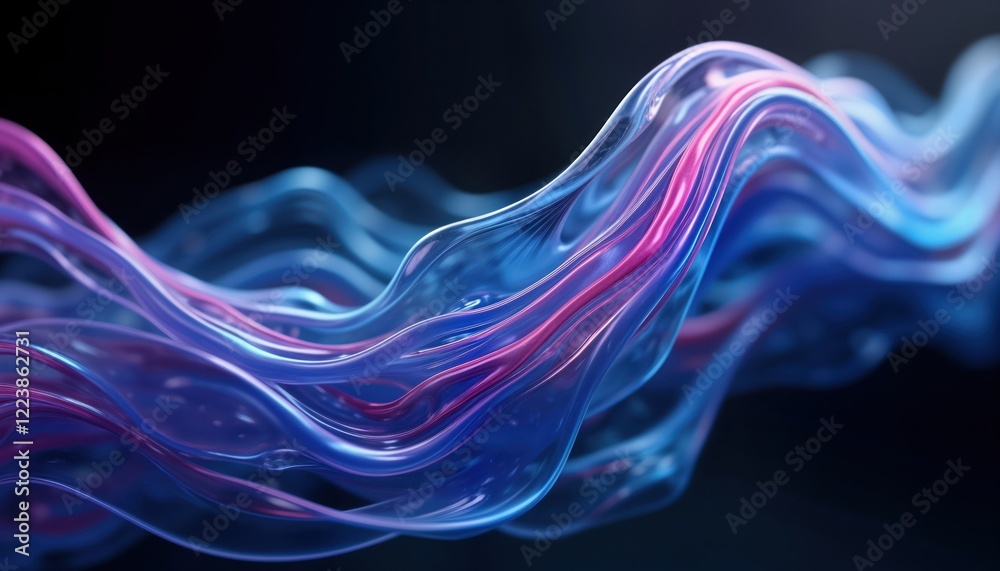 Poster abstract illustration of flowing glass ribbons in gradient of blue, purple against dark background. 