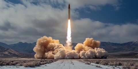 Ballistic missile launching from snowy desert area leaving smoke trail