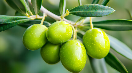 Ripe Green Olives Hanging on Branch with Glossy Leaves: A Glimpse of Mediterranean Agriculture