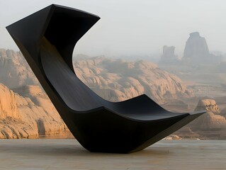 A sleek, modern sculpture gracefully balances on a rocky landscape, showcasing the interplay of form and nature in a tranquil setting.