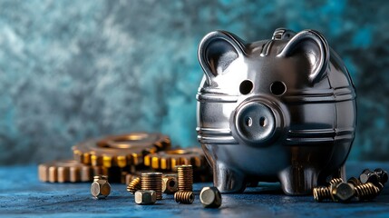 Metal piggy bank, gears, bolts; finance, industry background