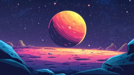 Naklejka premium A Giant Planet in a Starry Sky Above a Rocky Landscape
