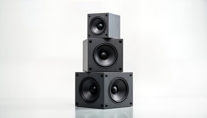 Fototapeta premium Stylish audio music speakers stacked. Modern design tech items. Studio sound quality. Home theater system. High fidelity sound. Perfect audio product. Professional audio equipment. Stackable speaker.