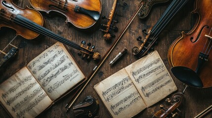 Naklejka premium Antique Violins and Sheet Music: A Timeless Melody
