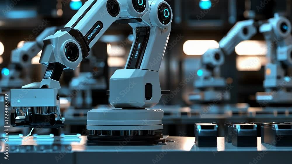 Poster modern robotic arm performing precise operations on a production line within a technologically advan