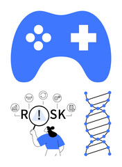 Gaming controller, DNA strand, person analyzing risks via magnifying glass. Ideal for tech innovation, biotechnology, gaming, decision-making, research, analytics health studies abstract line flat